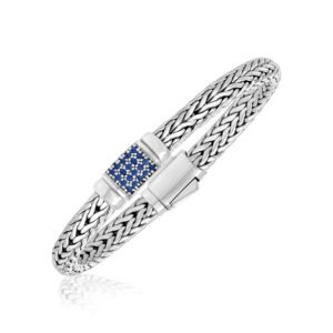 Size: 7.5” – Sterling Silver Weave Motif Bracelet with Blue Sapphire Embellishments