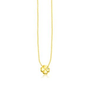 Size: 18” – 14k Yellow Gold Polished Four Leaf Clover Necklace with Diamond