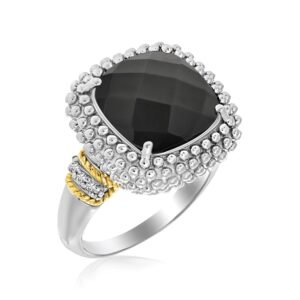 Size: 7 – 18k Yellow Gold & Sterling Silver Black Onyx and Diamond Popcorn Cushion Ring