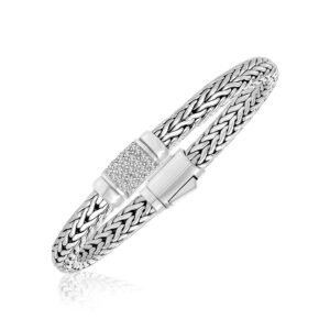 Size: 7.5” – Sterling Silver Weave Motif Bracelet with White Sapphire Accents