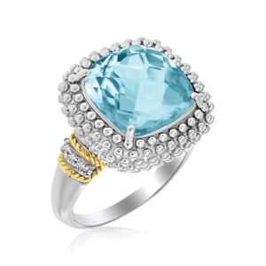 Size: 7 – 18k Yellow Gold & Sterling Silver Sky Blue Topaz and Diamond Popcorn Ring