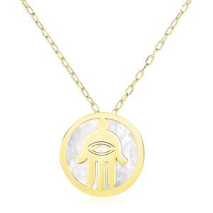 Size: 16” – 14k Yellow Gold Necklace with Hand of Hamsa Symbol in Mother of Pearl