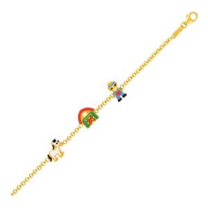 Size: 6” – 14k Yellow Gold Childrens Bracelet with Enameled Farm Figures