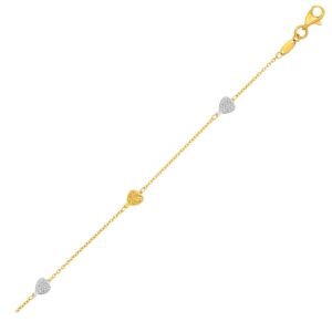 Size: 10” – 14k Two-Toned Yellow and White Gold Anklet with Textured Hearts