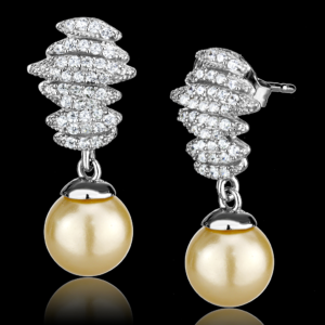 TS531 – Rhodium 925 Sterling Silver Earrings with Synthetic Pearl in Topaz