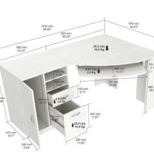 59″ White Mirrored Computer Desk With Two Drawers