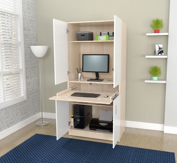 White And Natural Finish Wood Computer Hutch Desk