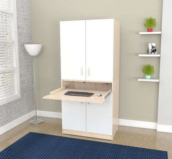 White And Natural Finish Wood Computer Hutch Desk - Image 7