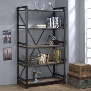 40″ X 22″ X 72″ Rustic Oak And Black Particle Board Bookshelf