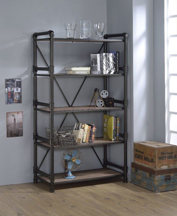 40" X 22" X 72" Rustic Oak And Black Particle Board Bookshelf - Image 2