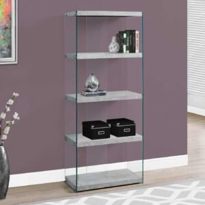 60″ Grey Cement Particle Board And Clear Tempered Glass Bookcase