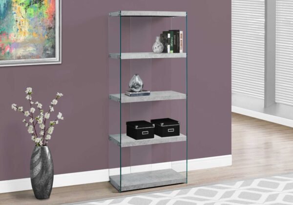 60" Grey Cement Particle Board And Clear Tempered Glass Bookcase - Image 2