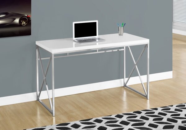 29.75" Glossy White Particle Board And Chrome Metal Computer Desk