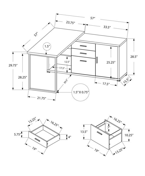 57" Grey L-Shape Computer Desk With Three Drawers - Image 4