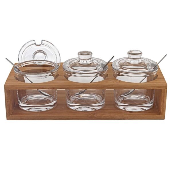 6 Mouth Blown Crystal Jam Set With 3 Glass Jars And Spoons On A Wood Stand - Image 2