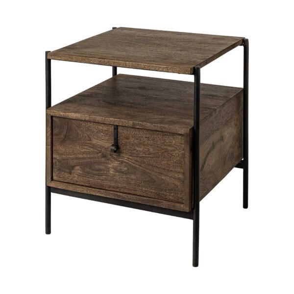 Square Top End Table With Dark Brown Wood And Iron Black Frame