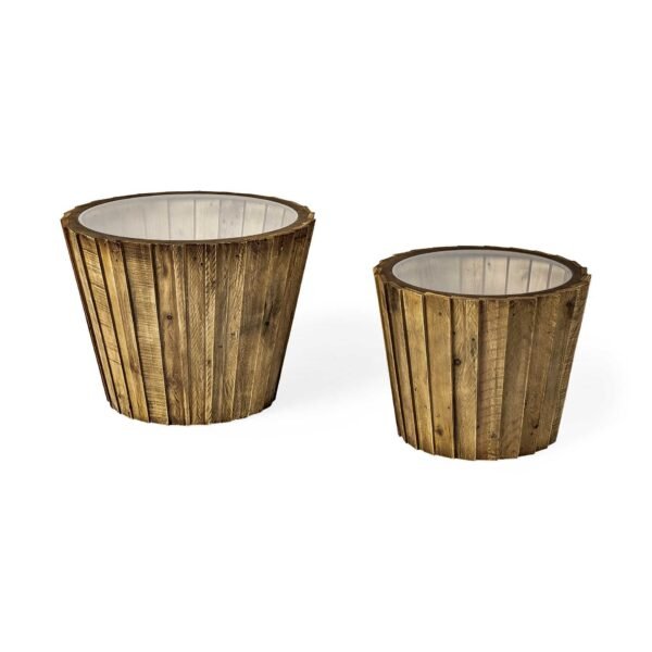 Set Of 2 Light Brown Wood Accent Tables With Glass Round Top - Image 2