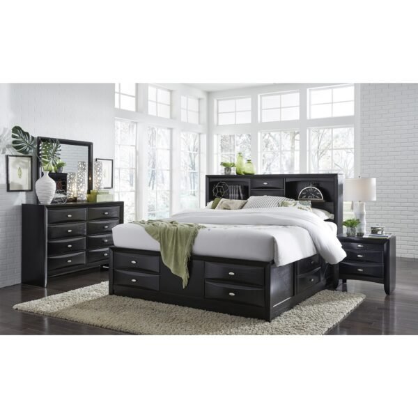 59" Black Solid Wood Mirrored Five Drawer Dresser - Image 4