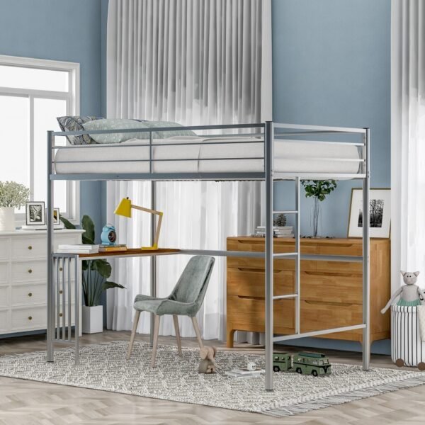 Silver Metal Twin Size Loft Bed with Desk - Image 2