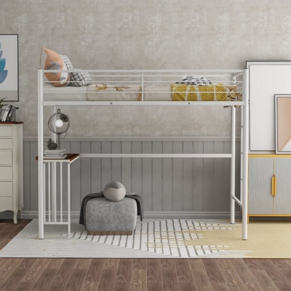 White Metal Twin Size Loft Bed with Desk - Image 3