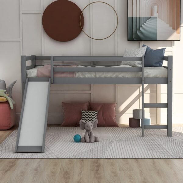 Gray Twin Size Low Loft Bed With Slide - Image 2