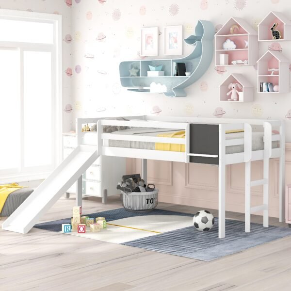 White Twin Loft Bed Bed Chalkboard and Slide - Image 2