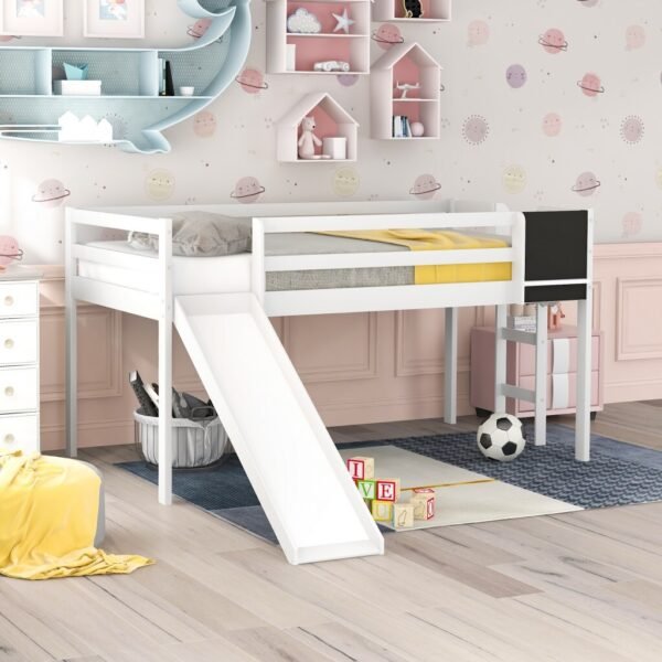 White Twin Loft Bed Bed Chalkboard and Slide - Image 3