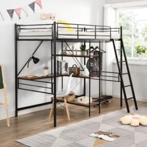 Black Twin Size Metal Loft Bed With Desk and Shelves