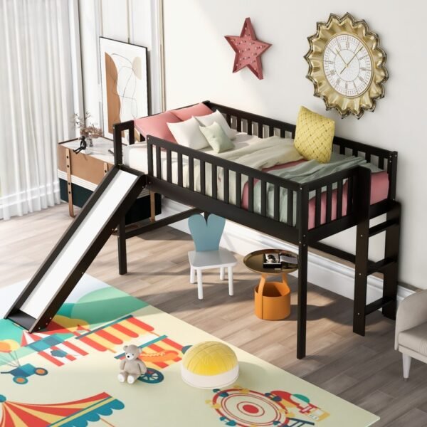 Dark Brown Twin Size Loft Bed with Slide - Image 3