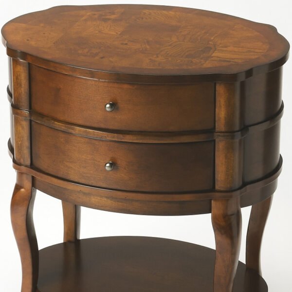 26" Medium Brown And Umber Solid And Manufactured Wood Oval End Table With Two Drawers And Shelf - Image 6