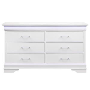 59″ White Solid Wood Six Drawer Double Dresser with LED