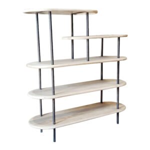 58″ Whitewash Solid Wood and Gray Iron Five Tier Oval Bookcase