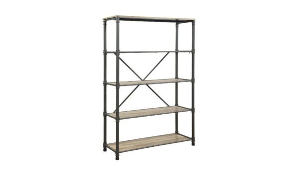 71" Antique Oak And Gray Distressed Four Tier Bookcase - Image 2