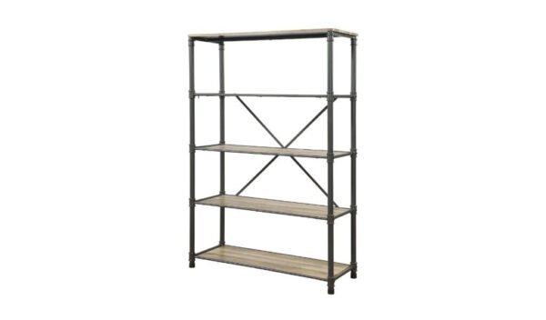 71" Antique Oak And Gray Distressed Four Tier Bookcase - Image 3