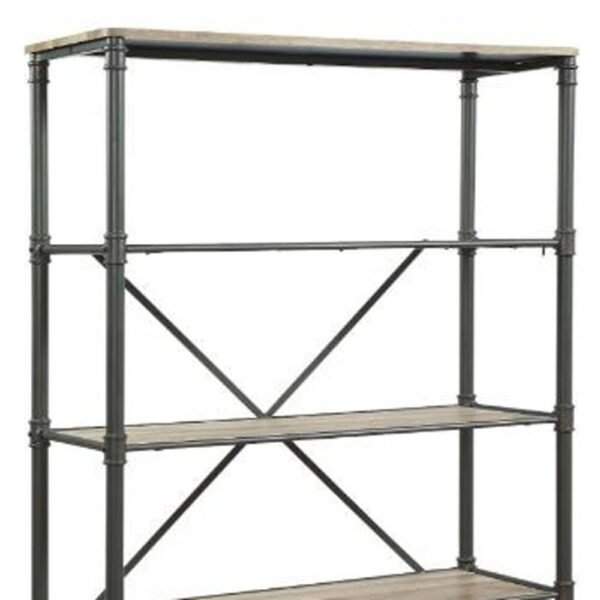 71" Antique Oak And Gray Distressed Four Tier Bookcase - Image 6