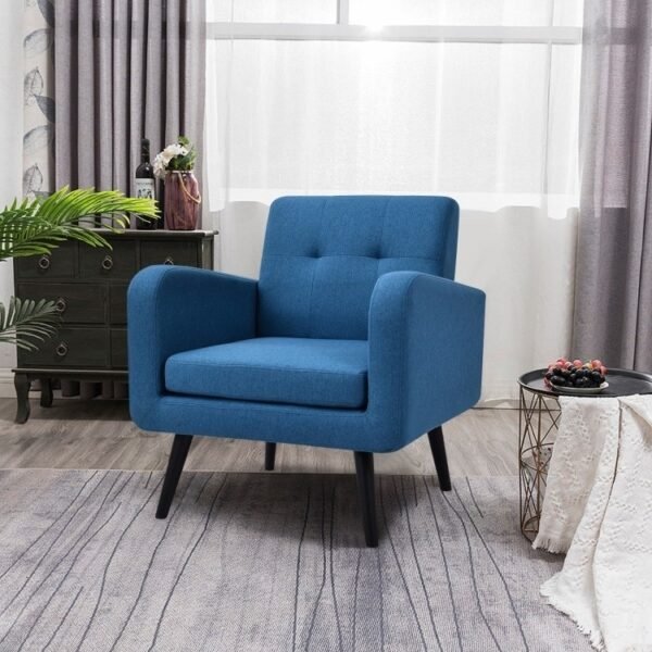 Mid-Century Modern Blue Linen Upholstered Accent Chair with Wooden Legs - Image 2