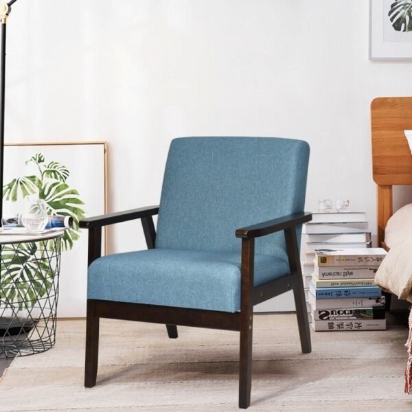 Retro Modern Classic Blue Linen Wide Accent Chair with Espresso Wood Frame - Image 2