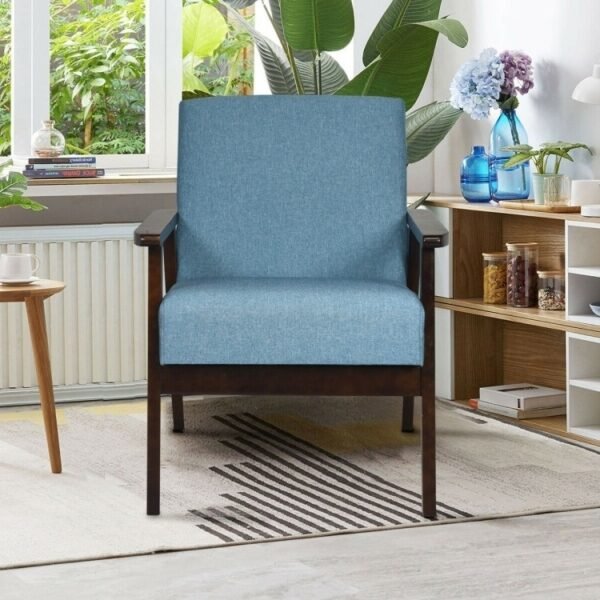 Retro Modern Classic Blue Linen Wide Accent Chair with Espresso Wood Frame - Image 3