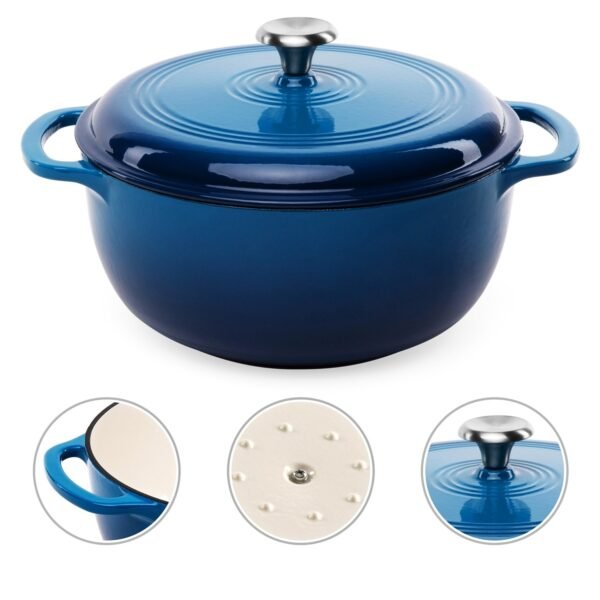 6 Quart Large Blue Enamel Cast-Iron Dutch Oven Kitchen Cookware - Image 2