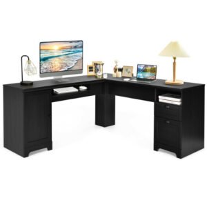 66 Inch L-Shaped Writing Study Workstation Computer Desk with Drawers-Black – Color: Black