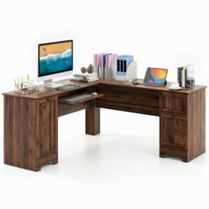 L-Shaped Office Desk with Storage Drawers and Keyboard Tray-Walnut – Color: Walnut