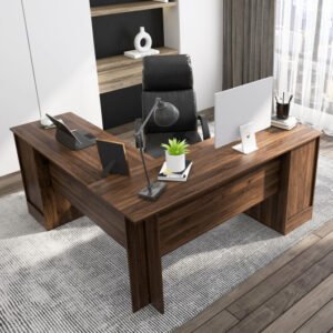 L-Shaped Office Desk with Storage Drawers and Keyboard Tray-Walnut – Color: Walnut