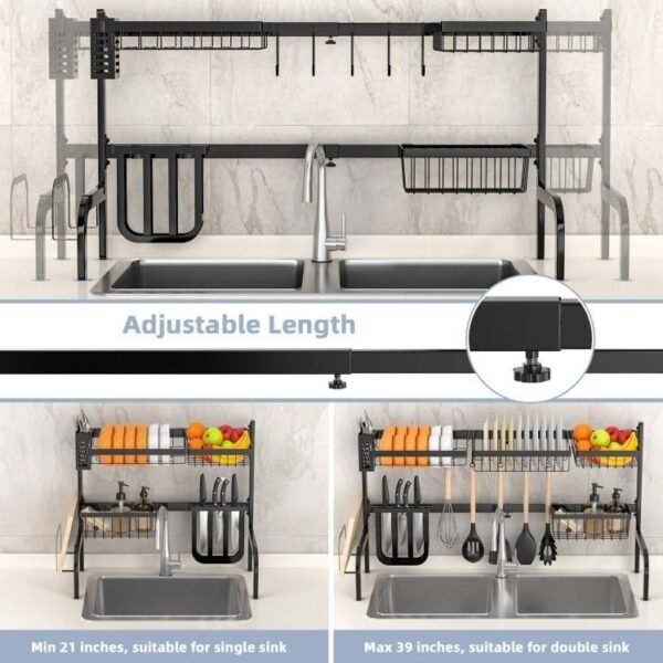 2 Tier Black Steel Adjustable Over the Sink Dish Drying Rack - Image 2