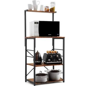 Black Metal 4-Shelf Rustic Brown Wood Kitchen Baker’s Rack Microwave Stand