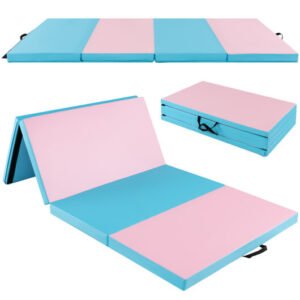 Folding Gymnastics Mat with Carry Handles and Sweatproof Detachable PU Leather Cover-Blue – Color: Blue