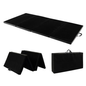 Folding Gymnastics Mat with Carry Handles and Sweatproof Detachable PU Leather Cover-Black – Color: Black