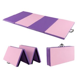 Folding Gymnastics Mat with Carry Handles and Sweatproof Detachable PU Leather Cover-Pink – Color: Pink