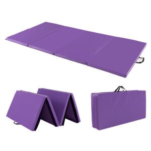 Folding Gymnastics Mat with Carry Handles and Sweatproof Detachable PU Leather Cover-Purple – Color: Purple