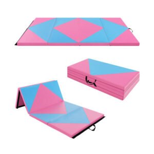 8 Feet PU Leather Folding Gymnastics Mat with Hook and Loop Fasteners-Pink & Blue – Color: Pink & Blue