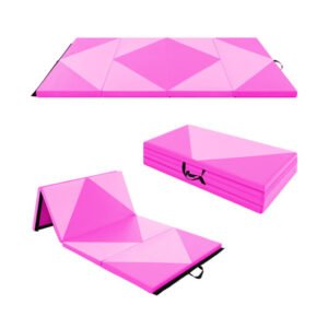 8 Feet PU Leather Folding Gymnastics Mat with Hook and Loop Fasteners-Pink – Color: Pink